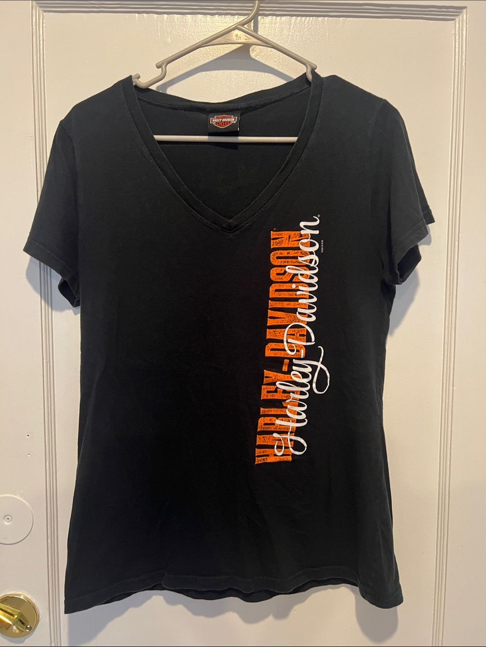 Vintage Harley-Davidson Black V-Neck Tee with Orange and White Vertical Logo